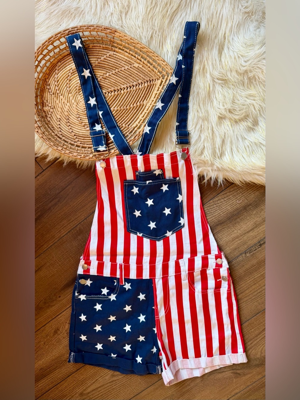 Patriotic Red White Blue American Flag Shorts Overalls Romper Size Small